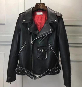Genuine Leather Jacket Women Winter Fashion Real Sheepskin Leather Jacket Woman Rivet Motorcycle Biker Coat Female Ladies RL007