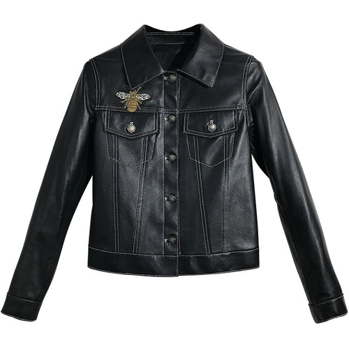 Fashion Genuine Leather Jacket Women Winter Real Sheepskin Leather Jacket Woman Honeybee Embroidery Coat Ladies Female RL009