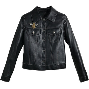 Fashion Genuine Leather Jacket Women Winter Real Sheepskin Leather Jacket Woman Honeybee Embroidery Coat Ladies Female RL009
