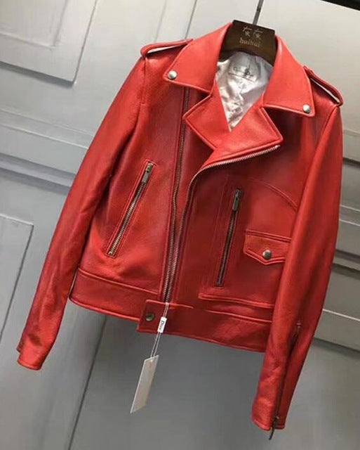 Elegant Genuine Leather Jacket Women Winter Real Sheepskin Leather Jackets Women Motorcycle Biker Coat Ladies Female RL80825
