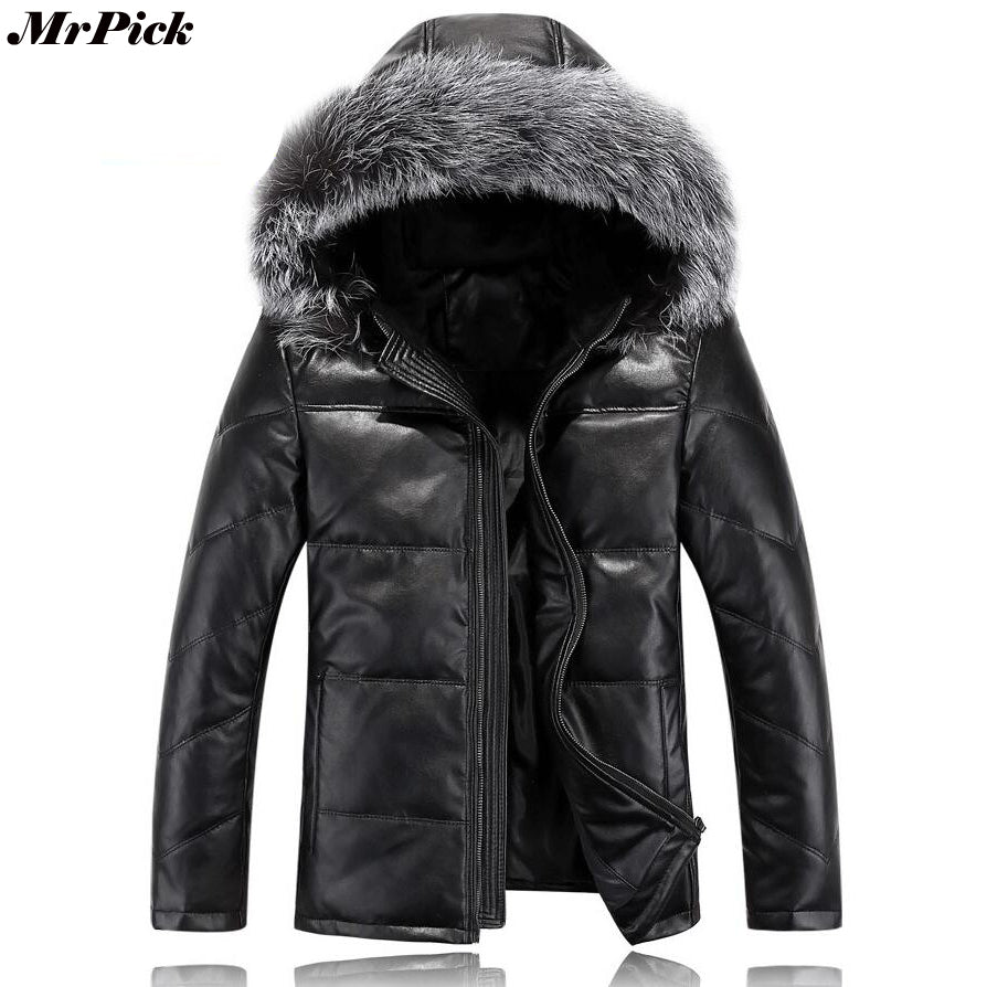 2017 New Fur Hood Men Leather Coats Winter Snow Warm -20 Degree Black Color Jackets E0708-003