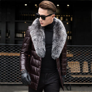 Men's Genuine Leather Jacket Thick Lambs Wool Jacket Male Fox Fur Collar Jaqueta Couro Masculino Plus Size Down Coat MZ1129