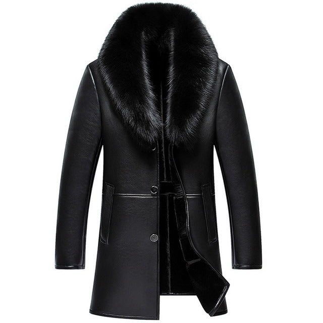 Big Fur Collar Snow Winter Coats Men PU Artificial Leather Motorcycle Hip Hop Jacket E0718-002