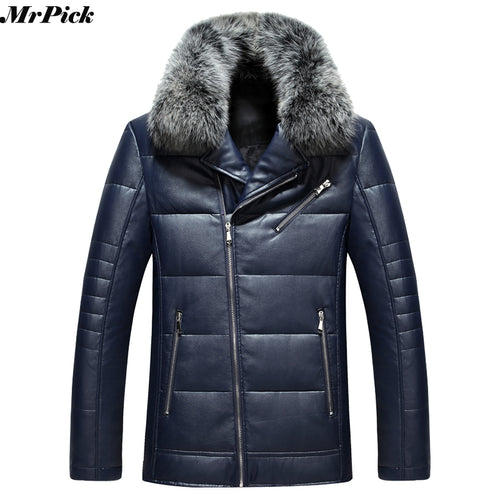 Fur Collar Men PU Leather Coats Warm Snow Winter Motorcycle Slim Zipper Men Jacket E0710-003