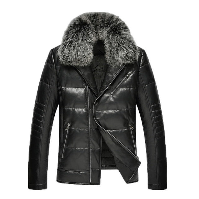 Fur Collar Men PU Leather Coats Warm Snow Winter Motorcycle Slim Zipper Men Jacket E0710-003