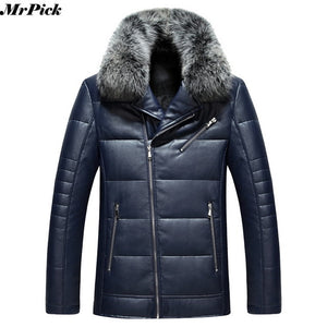 Fur Collar Men PU Leather Coats Warm Snow Winter Motorcycle Slim Zipper Men Jacket E0710-003
