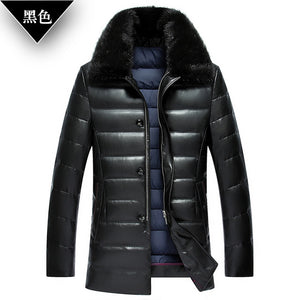 Winter Middle-aged men lapel leather thick water mink collar PU leather down jacket male long paragraph solid color coat MZ1180