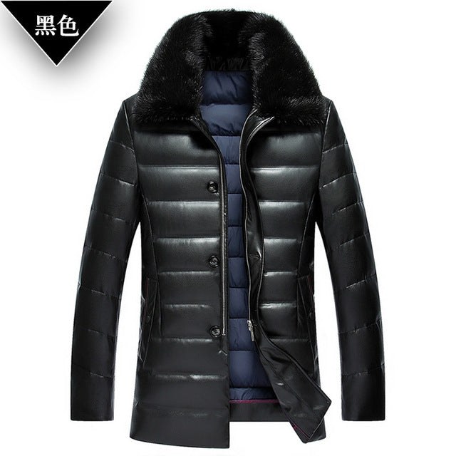 Winter Middle-aged men lapel leather thick water mink collar PU leather down jacket male long paragraph solid color coat MZ1180