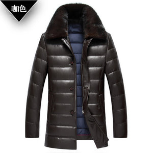 Winter Middle-aged men lapel leather thick water mink collar PU leather down jacket male long paragraph solid color coat MZ1180