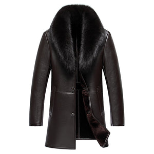 2017 New Arrival Long Real Big Fur Collar Men's Winter Leather Jacket High Quality Thick Warm Leather Men Coat
