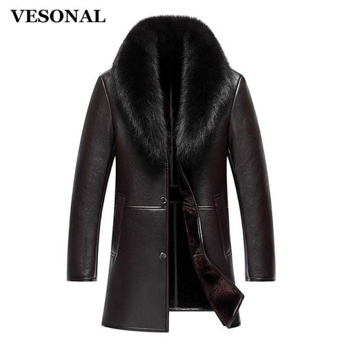 VESONAL Winter Leather Jacket Men Coat Male Top Quality Real Fox Fur collar Warm Thick Faux Windbreaker Men Thick Velvet