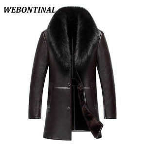 WEBONTINAL Winter Leather Jacket Men Coat Male Top Quality Real Fox Fur collar Warm Thick Faux Windbreaker Men Thick Velvet