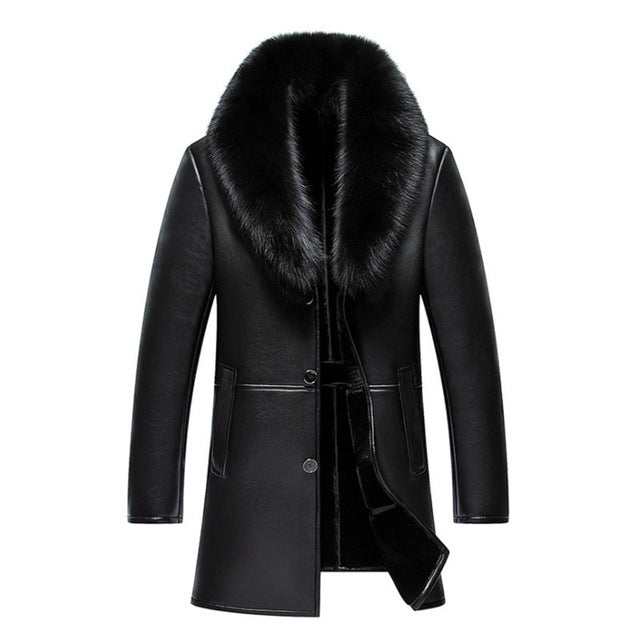 WEBONTINAL Winter Leather Jacket Men Coat Male Top Quality Real Fox Fur collar Warm Thick Faux Windbreaker Men Thick Velvet