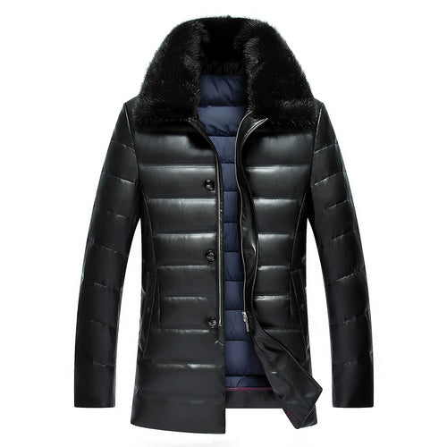 Winter men's lapel PU leather thick fur mink collar PU leather down jacket men in the long paragraph