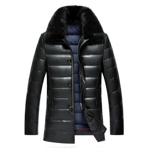 Winter men's lapel PU leather thick fur mink collar PU leather down jacket men in the long paragraph