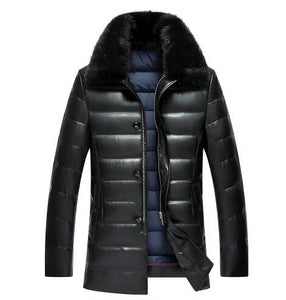 Winter men's lapel PU leather thick fur mink collar PU leather down jacket men in the long paragraph