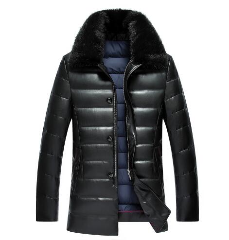Winter men's lapel PU leather thick fur mink collar PU leather down jacket men in the long paragraph