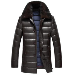 Winter men's lapel PU leather thick fur mink collar PU leather down jacket men in the long paragraph