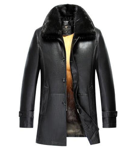 Winter Thicken PU Leather Coat Men Long Section Casual turn-down Collar Leather Coat Warm Jacket Coat