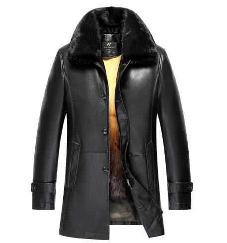 Winter Thicken PU Leather Coat Men Long Section Casual turn-down Collar Leather Coat Warm Jacket Coat