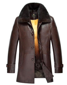 Winter Thicken PU Leather Coat Men Long Section Casual turn-down Collar Leather Coat Warm Jacket Coat