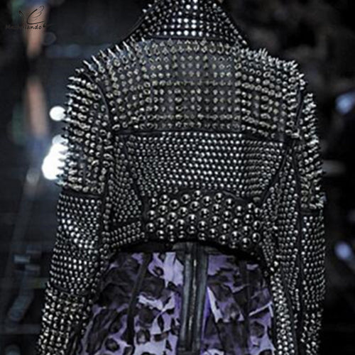 2016 Plus Size Faux Leather Black PU Women Punk Rivet Studded Epaulet Motorcycle Spiked Jacket
